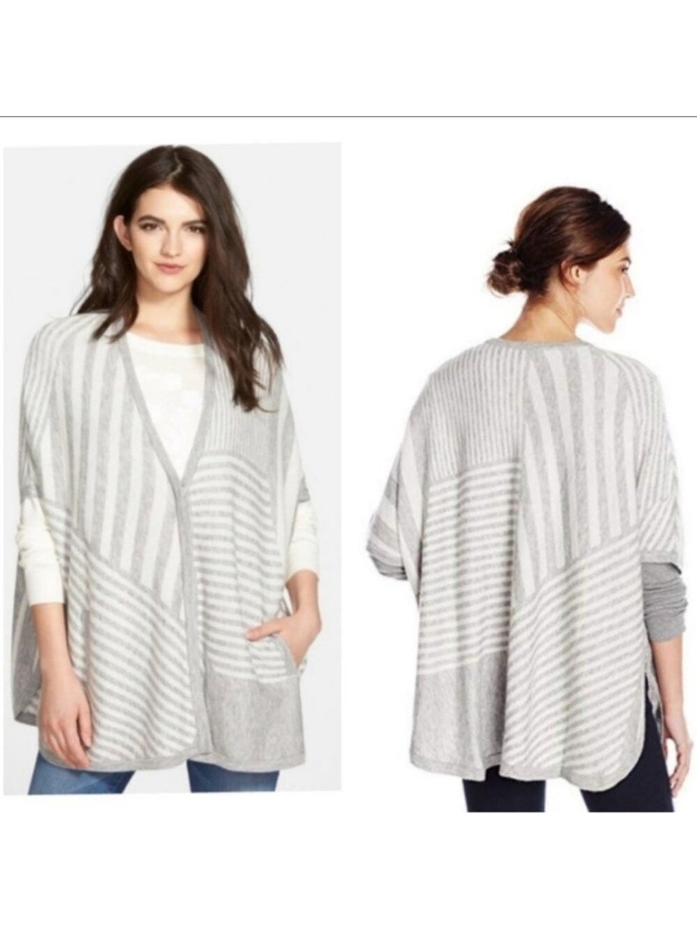 Splendid Poncho Grey White Striped Longline Wool Cashmere Size Small